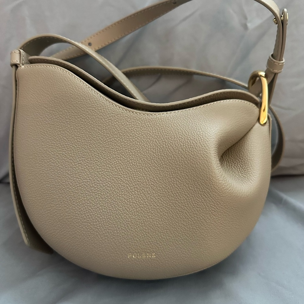 Polène Taupe Curved Leather Shoulder Bag with Gold Hardware